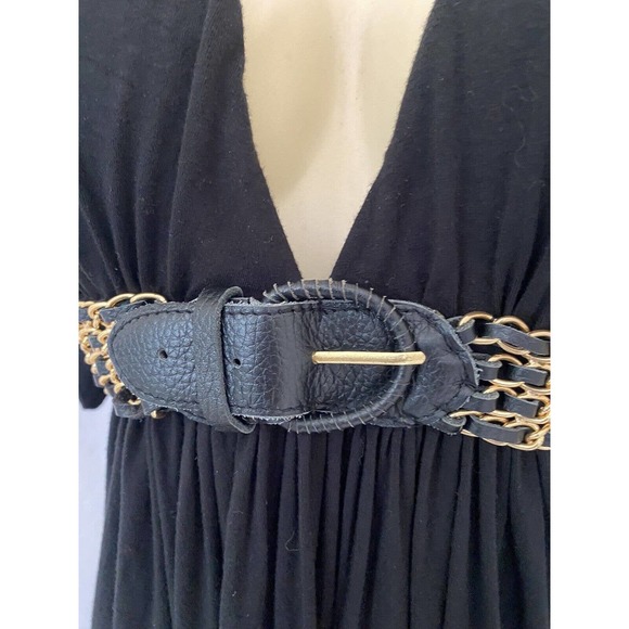 SKY Mini Dress Black Deep V neck Belt Chain Open Back Flutter Sleeve M - Picture 4 of 5